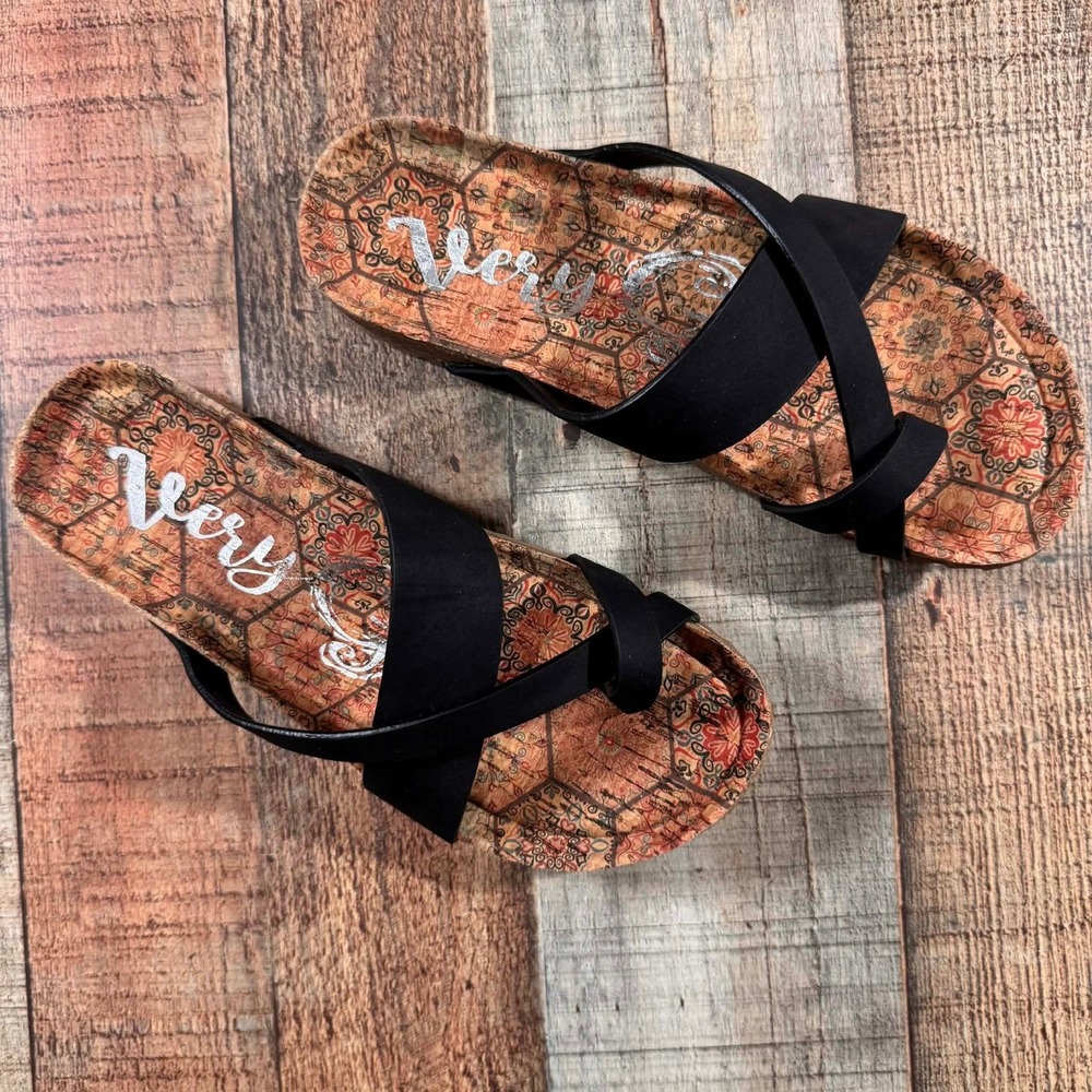 NEW Very G Cork Footbed Sandals Womens Size 6.5 Black Boho Criss CrossBoutique